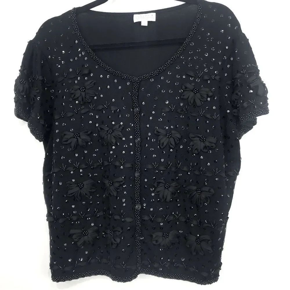 Joseph A. Black Beaded Bow Embellished Short Sleeve Button Up Holiday Cardigan